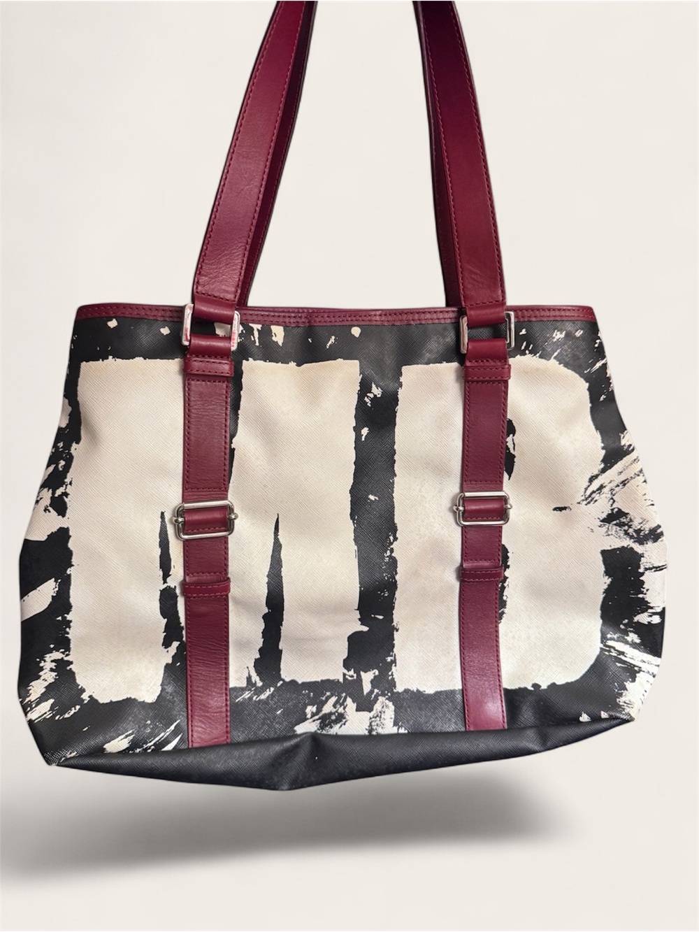 Canvas Tote Bag with Burgundy Straps - White & Black Graphic  L.A.M.B.
